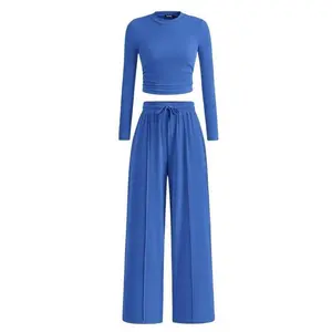 Women’s 2-Piece Ribbed Knit Long-Sleeve Crop Top and Wide-Leg Pants Matching Lounge Set Loungewear Casual Fabric Two-Piece Sets