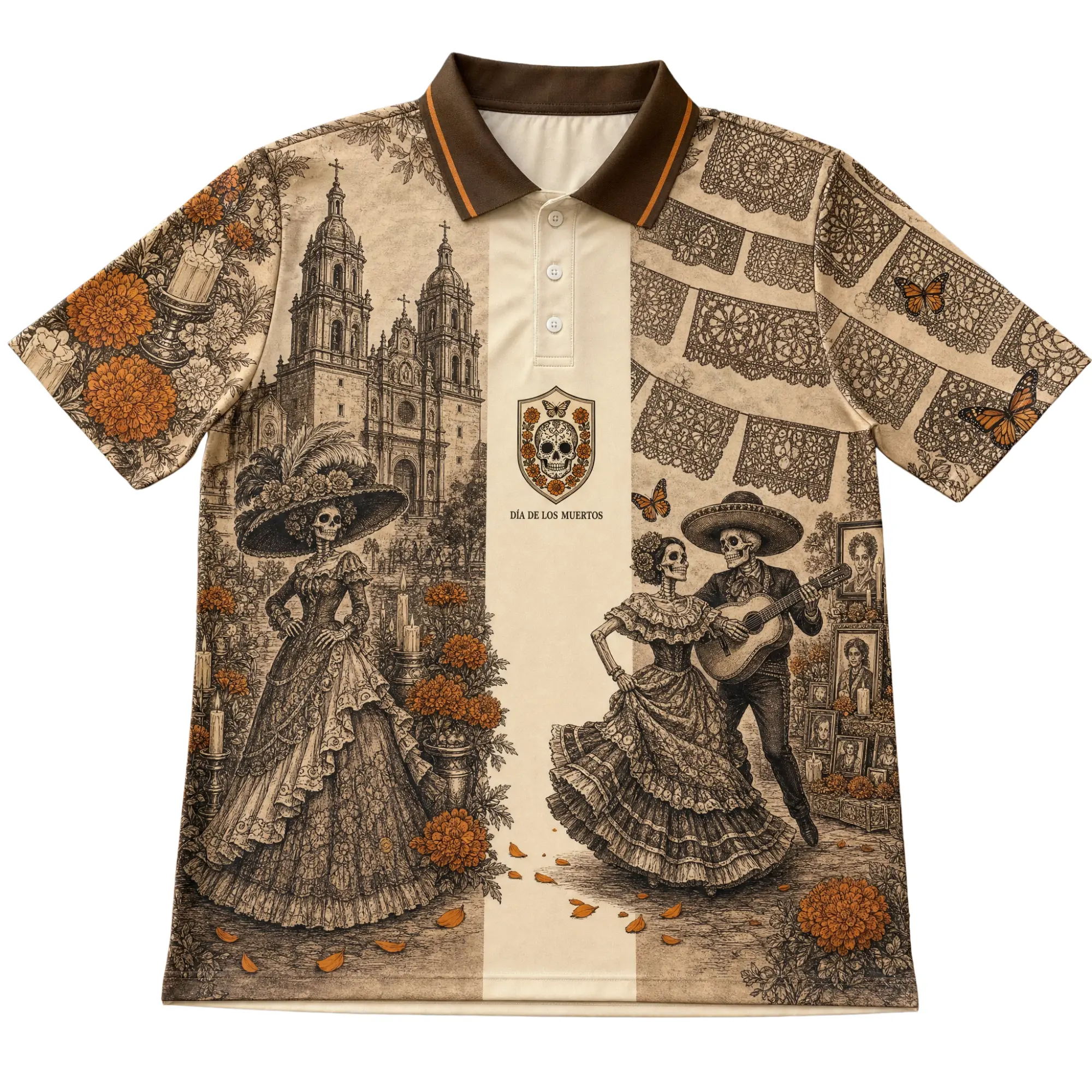 Men's Day of the Dead Polo Shirt La Catrina Sugar Skull All Over Print Mexican Skeleton Couple Dancing Halloween Dia de los Muertos Gift Shirt Marigold Butterfly Cathedral Graphic Tee
