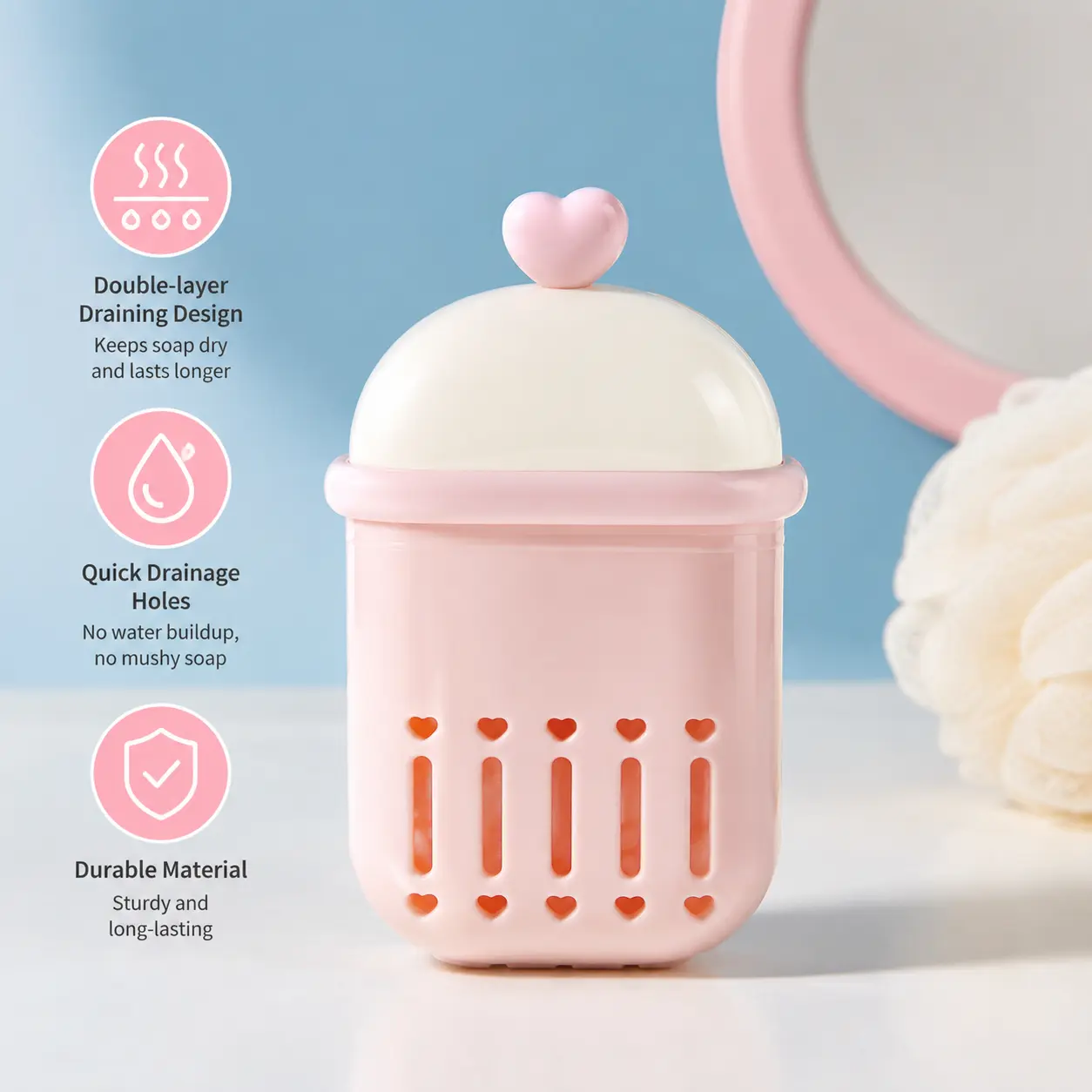 1 Count Portable Soap Holder, Double Layer Draining Design Cute Heart Grid Printed Storage Case for Travel Bathroom Household Use