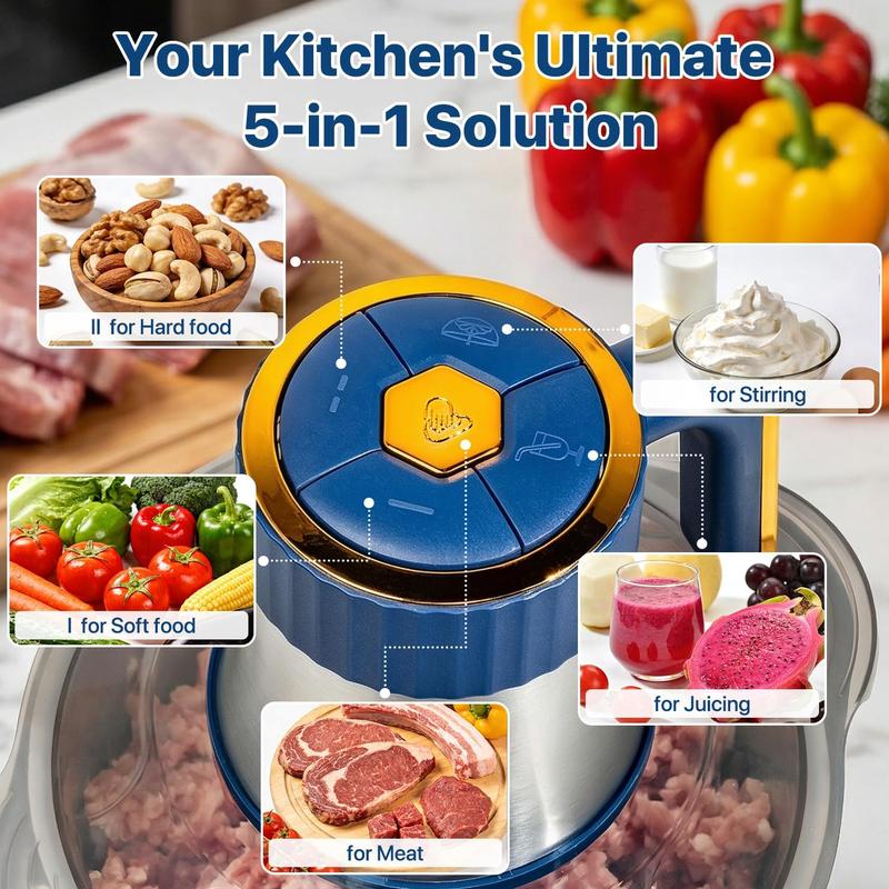 Newly Upgraded 5L Food Processor, Electric Multi-Functional Chopper with Meat Grinder and Vegetable, 5 Speed Modes, 6 Blades, Suitable for Onions, Ice, Nuts, Fruits, Garlic, Baby Food