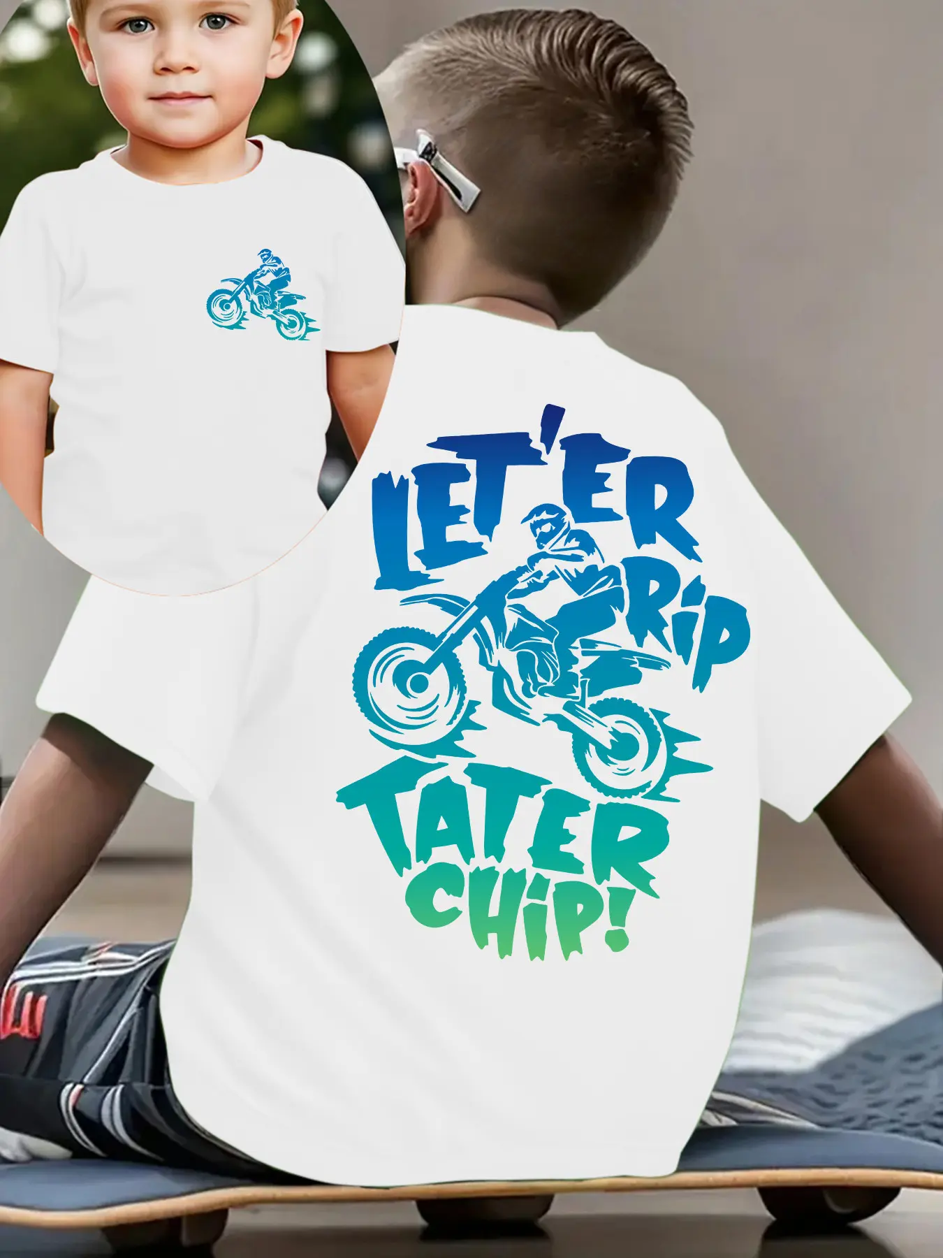 Boys' Motocross Graphic T-Shirt, Kids' "Let'er Rip Tater Chip" Dirt Bike Short Sleeve Cotton Tee, Casual Top for Boys