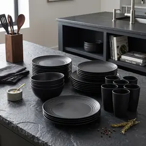 24 Piece Dinnerware Set Unbreakable Plates and Bowls Set for 6 Microwave Dishwasher Safe Camping RV Dining Black