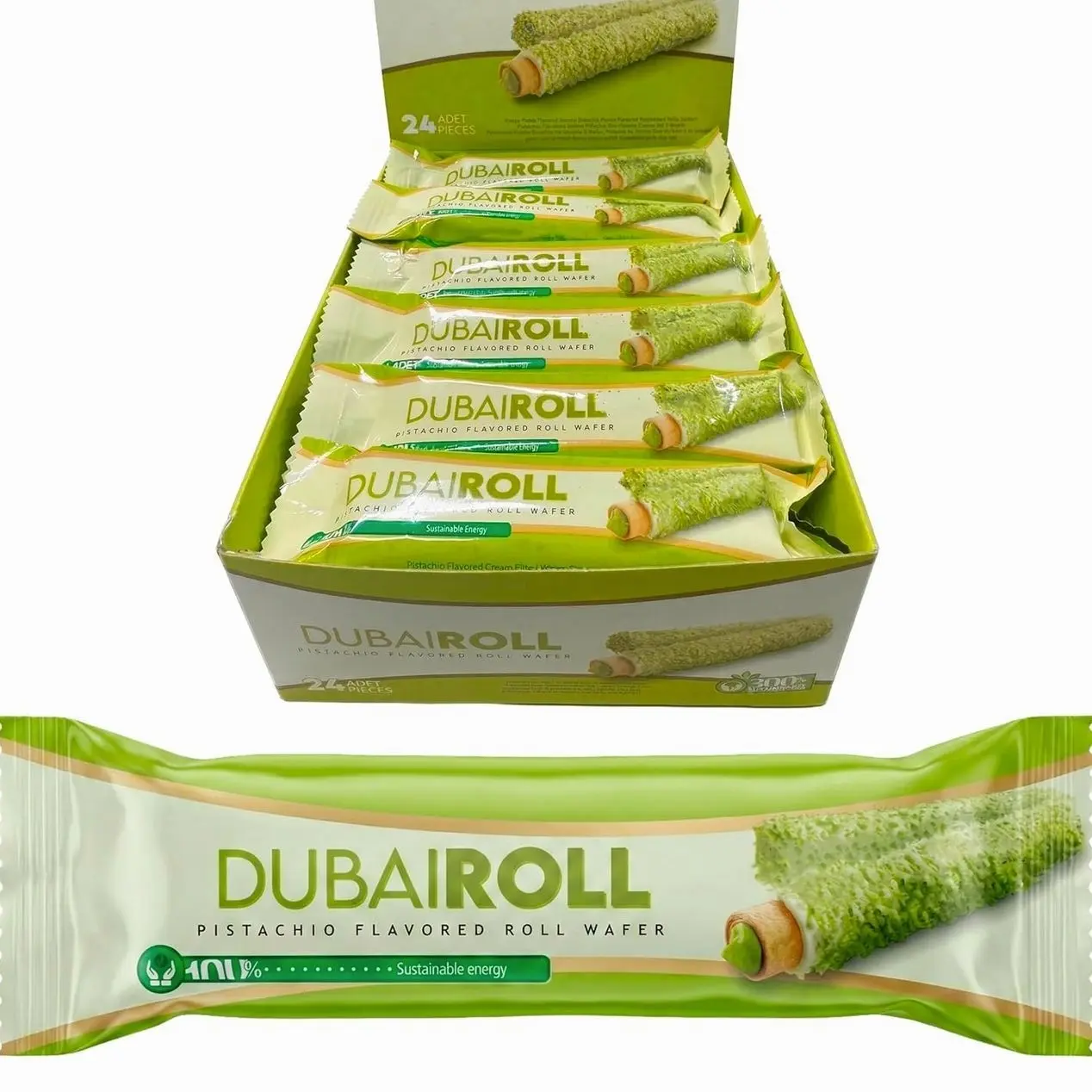 UNIQBITE Dubai Style Wafer Rolls, Pistachio Cream Filled White Chocolate Coated Roll Wafers, 24 Pieces x 0.63 oz