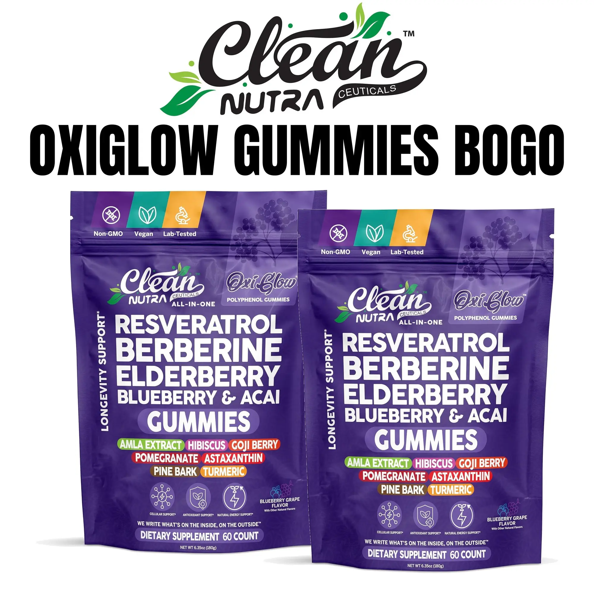 BOGO Resveratrol Gummies Buy 1 Get 1 – Polyphenol Antioxidant Gummies with Berberine Elderberry Blueberry Acai – Antioxidant Supplement for Women & Men – 19 in 1 Polyphenol Blend – Vegan Non GMO – 60 Gummies Per Bag – Clean Nutra OxiGlow