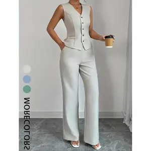 Two-piece Set Women's Solid Vest Blazer & Straight Leg Pants Set, Minimalist Casual Fashion  Outfits for Daily Wear, Ladies Clothes for All Seasons, Suits