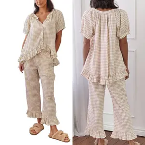 Women's2piecepajamasetshortsleeveplaidprintbuttonshirt+rufflepantssetsleepwearloungewear