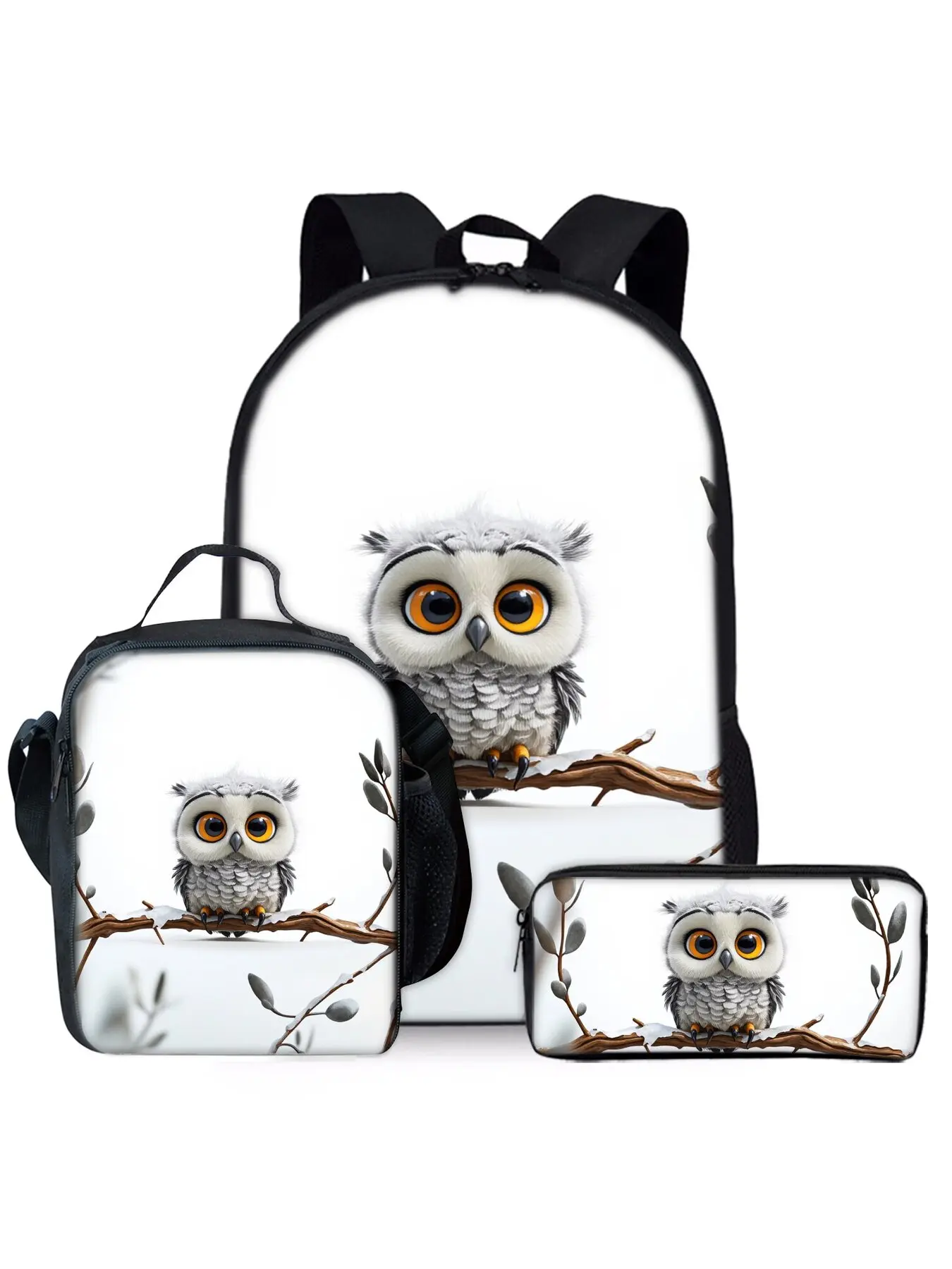 Cute white owl print backpack three piece set lunch bag pencil case backpack