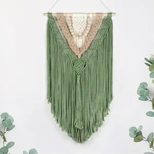 EOBTAIN Green Macrame Wall Hanging Boho Home Decor,Handmade Craft Handwoven Tapestry for Gallery Nursery Living Room,Natural Cotton Cord and Wood Beads Tassel Bohemian Art Decoration,30 Inch