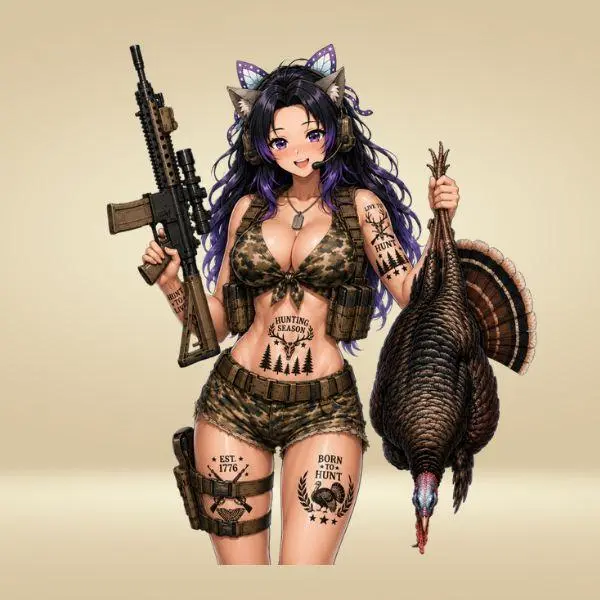 Shinobu Kocho Turkey Hunting Sticker, Anime Hunter Waifu Vinyl Decal, Camo Hunting Girl Waterproof Sticker, Turkey Season Car Laptop Tumbler Decal, Gift for Hunters