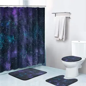 4 Piece Shower Curtain Sets, with 12 Hooks, Space Galaxy Star with Non-Slip Rugs, Toilet Lid Cover and Bath Mat for Bathroom Decor Set, Shower Essentials