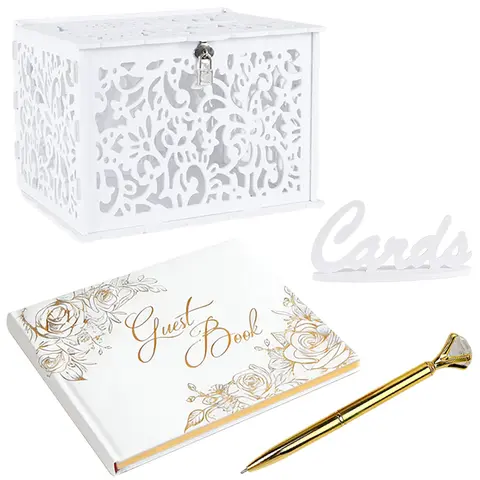 4 Pack Wedding Welcome Kit,Including 1 Set Wedding White Lockable Card Box,1 Welcome Message Book with Gold Diamond Shaped Pen,Ideal for Party Reception Anniversary,DIY Hand Tools Kits
