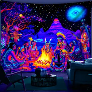 1pc Vacation Style, Sunset, Beach, Palm Trees- Glow In The UV Light Party Banner Tapestry, Large Size Peach Skin Fluorescent Printing Tapestry, Bedroom Hanging Tapestry For Party Festival, Bedroom Home Decor, Wall Decoration With Free Accessories