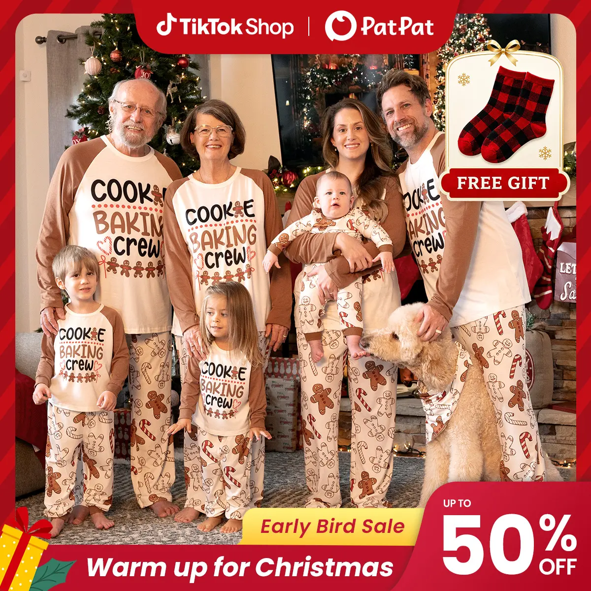 PatPat Christmas Pajamas Soft & Stretchy Family Matching  Long Sleeve Sets Cookie Baking Crew Patterned Sleepwear for Women Men Couples Adult Kids,Cute Pajama,Cozy Pajamas ,Flame Resistant,autumntok,wintertok,BFCM Early Bird
