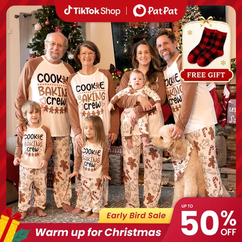 Patpat Family Christmas Pajamas Cotton-Feel Stretch Fabric Long Sleeve Sleepwear Set, Crew Neck Festive Christmas Gingerbread Print, Elastic Waist Cozy Matching Outfits for Kids & Baby & Adults in Autumn Winter, Dog Scarf, Spotlight Day, BFCM Early Bird