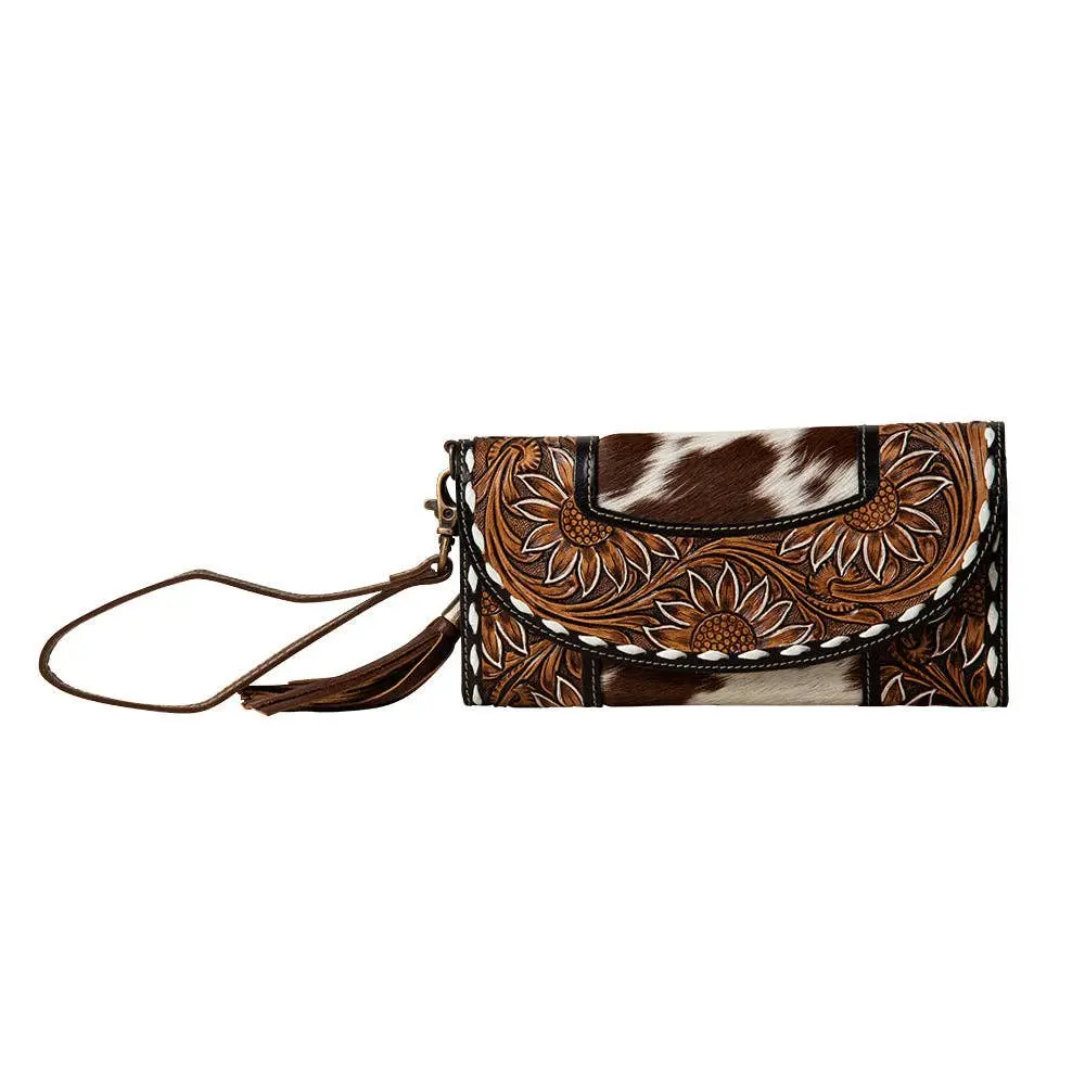 Myra Bag Sandstone Trail Wristlet Wallet – Hand-Tooled Leather & Hairon Cowhide Western Clutch