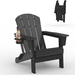 Black Folding Adirondack Chair, HDPE Outdoor Patio Chair with Cup Holder, All Weather Resistent Wooden Textured for patios, Decks, Gardens, fire Pit