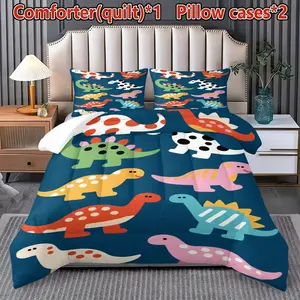 3pc Cute Dinosaur Quilt Set, Soft Breathable, Digital Print, Includes 2 Pillowcases Without Inner, Perfect for Bedroom Dorm Home Use