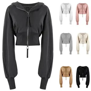 Cropped Hoodie Double Zipper Workout Jacket With Thumb Holes |   Women's Stylish Athletic Crop Top Fabric Womenswear Ziphoodies