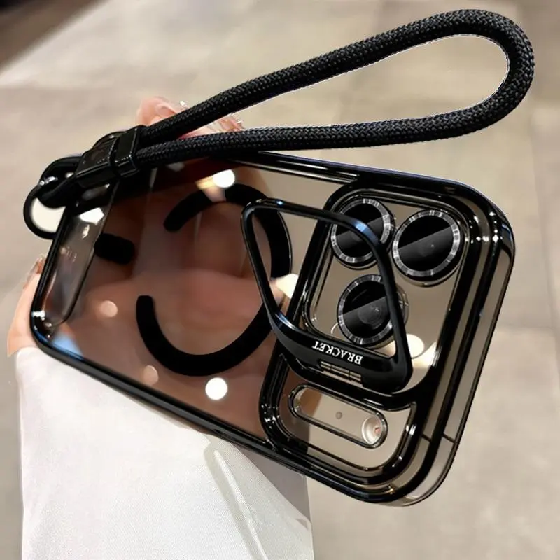 For iPhone17pro Smartphone Case Lanyard Camera Bracket Magnetic Shockproof Cellphone Casing Protective Case for iPhone 17 Pro Max 15 16 12 11 13 14 Plus Wrist Strap Hard Cover Protector Accessories Phone Shell