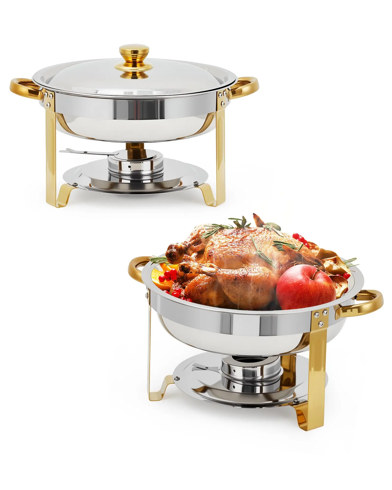 GARVEE 2 Pack 5 QT Round Buffet Servers and Food Warmers with Lid, Stainless Steel Chafing Dishes for Catering, Parties, Weddings, and Banquets in Elegant Gold Finish