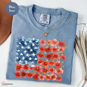 Comfort Colors Floral American Flag 4th of July Shirt, Patriotic Independence Day Shirt, Floral American Flag Shirt, USA Tee