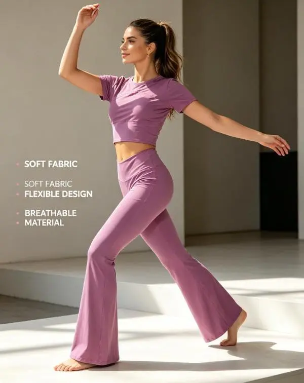 Women's 2-Piece Sports Sweat Suit - Viral Cropped Short-Sleeve Contour Top, High-Waist Tummy-Control Flare Leggings, Buttery Soft 4-Way Stretch Fabric, Ideal for Gym, Yoga