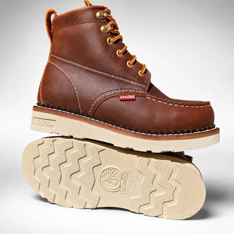 Bota de trabajo de hombre punta suave piel genuina de alta calidad / Apache 6” Dark Brown Wedge Moc Toe Work Boots for Men , Premium Full-Grain Leather
