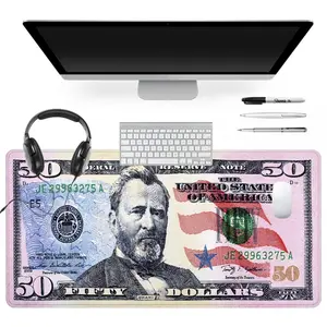 50 Dollar Bill extended gaming desk mat, Retro Banknote pattern desk protection pad, anti-slip rubber lock edge high-definition printing, suitable for computers, laptops, offices, homes, schools, as a gift for family and friends.