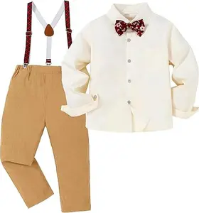 Boy Suit Boy Wedding Outfit 3pcs Dress Shirt Suspender Pants with Bow Tie for Formal Occasion 4-9 Years