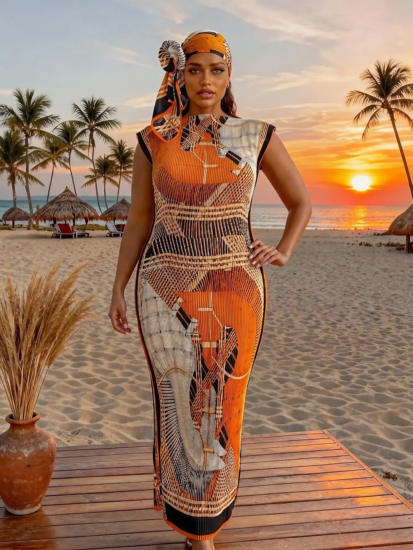 Women's Sexy Ruched Slim Fit Long Dress Set, Equestrian Print Robe Hoodie + Scarf, Beach Sun Protection Shawl, Swimwear Cover Up, Fall & Winter Fashion