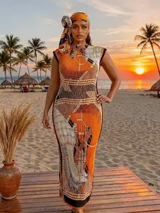 Elegant Ruffled Bodycon Moo Moo Long Dress Set, Horse Print Robe Hooded Shawl + Long Silk Scarf, Women's Animal Print Beach Cover Up Sun Protection Wrap