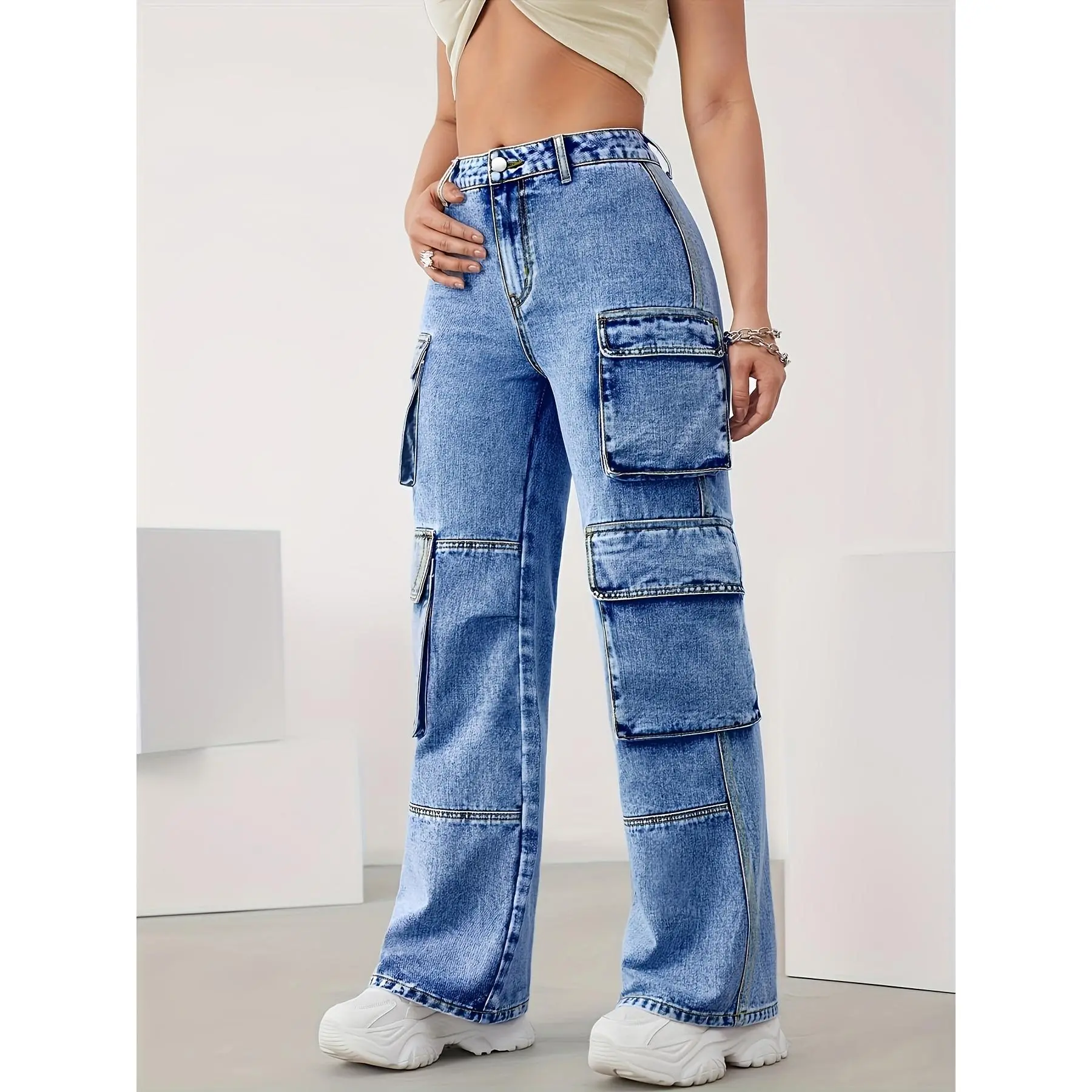 High-Waisted Wide-Leg Work Jeans - Large-Pocket Heavy-Duty Beltless Trousers with Built-In Zipper Closure, Straight-Leg Washed Denim Pants for Casual & Professional Wear, All-Season Oversized Cargo Pants