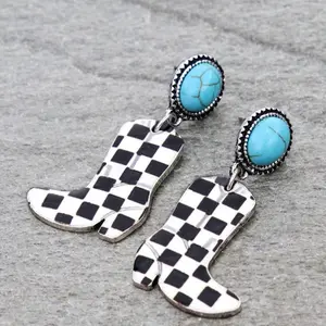 Western Checker Boots Stud Earrings Turquoise Accent Black Accents Available in 2 Styles Fashion Jewelry