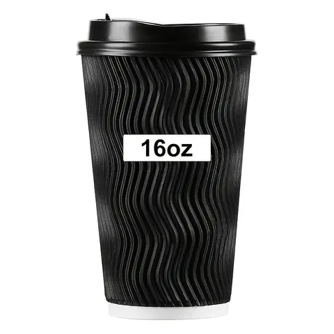 ParaCity 16oz Double-Wall Heat Resistant Ripple Disposable Cups, 3-Layer Stiffness S-Shape Secure Grip Anti-Scald Tableware with Leak-Proof Lids, 50-Pack for Parties, Ideal for Coffee Tea Chocolate