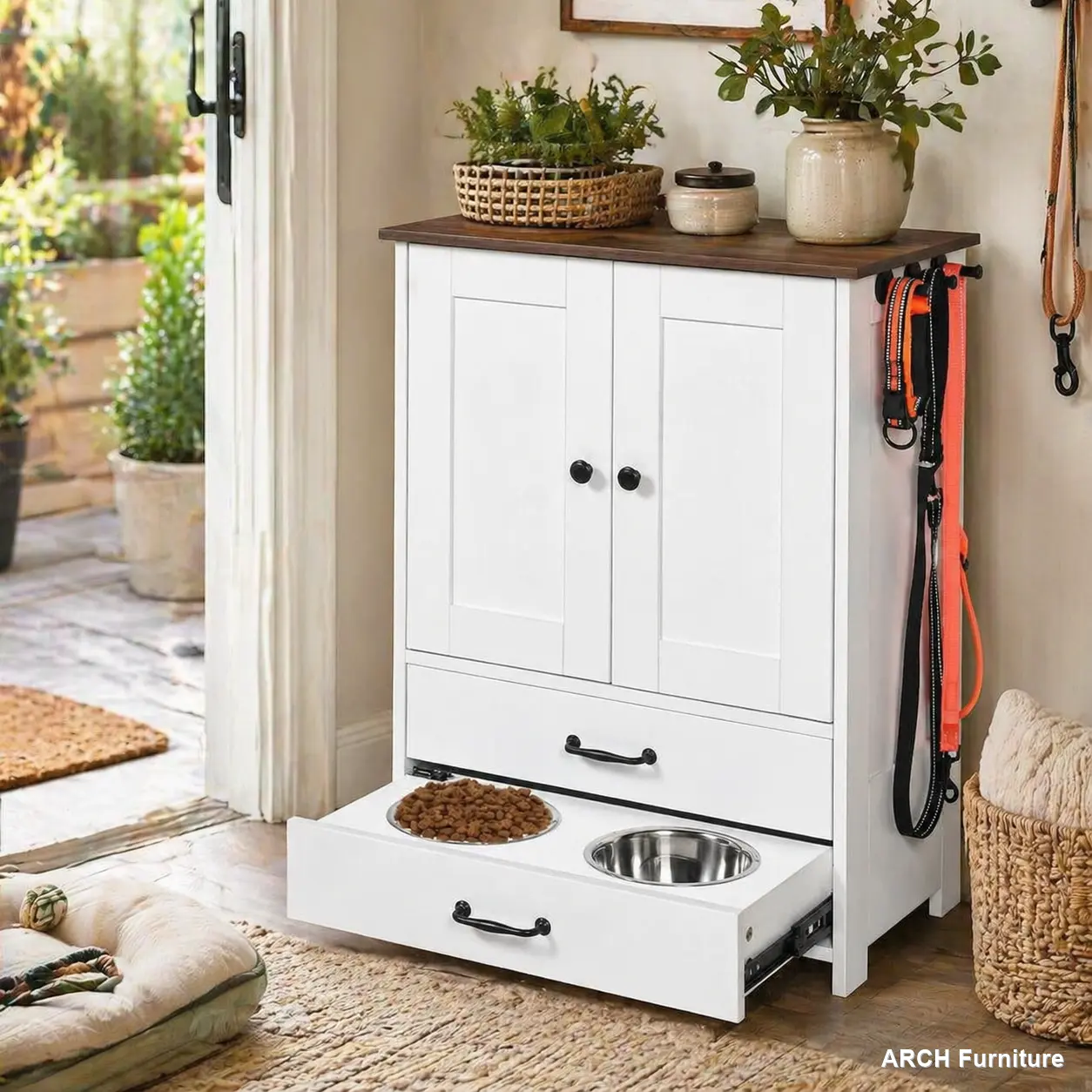 ARCH Dog Feeding Station with 2 Adjustable Stainless Steel Raised Bowls/Dish, Double-Door Locker, 3 Right-Side Hooks, Pull-Out Drawers, Particle Board Storage Organizer, 23.6" x 13.77" x 31.5", 45.65 lbs White Dispenser for Clean Feeding & Watering, Stain