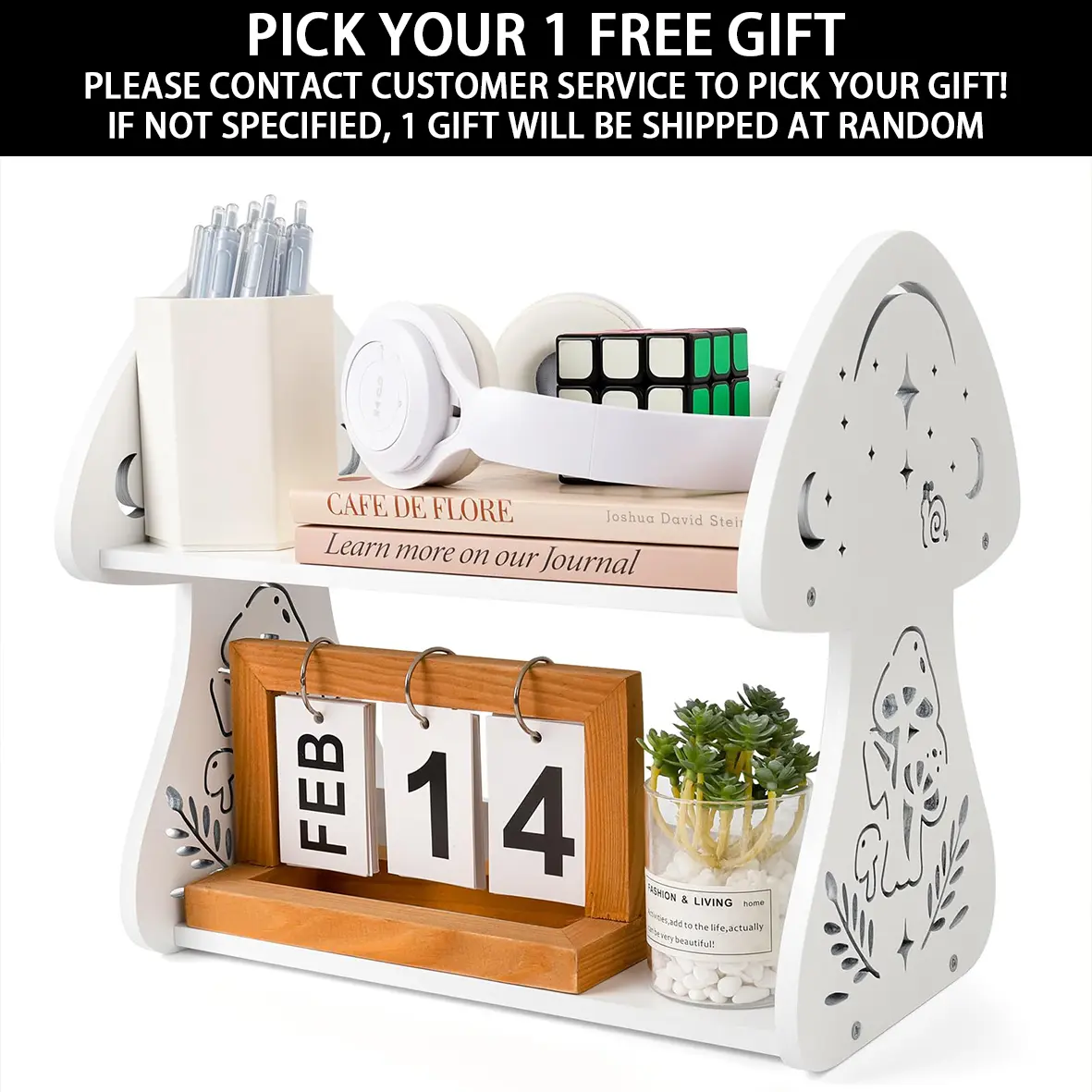 Cute Mushroom Desk Shelf Cottagecore Decor White Mushroom Accessories | Wooden Small Book Shelf, Desktop Display Shelves Organizers, Back to School Accessories for Students, Kids
