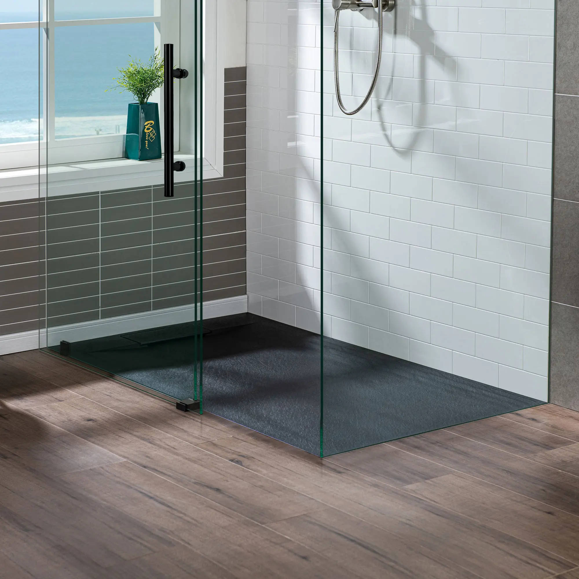 Reversable Drain Shower Base, Zero Threshold, Matching Decorative Drain Plate and Tile Flange, Wheel Chair Access, Low Profile