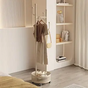 Modern minimalist double-sided hanger stand 67 "high metal hanger with storage basket and wheels Rolling hanger entrance, bedroom, laundry, removable