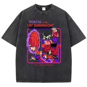 valentine shirts  Portal To The Cat Dimension Washed Retro Men Clothes Fashion Summer T-Shirts Streetwear Cotton Loose Tops Breathable Tee Couple