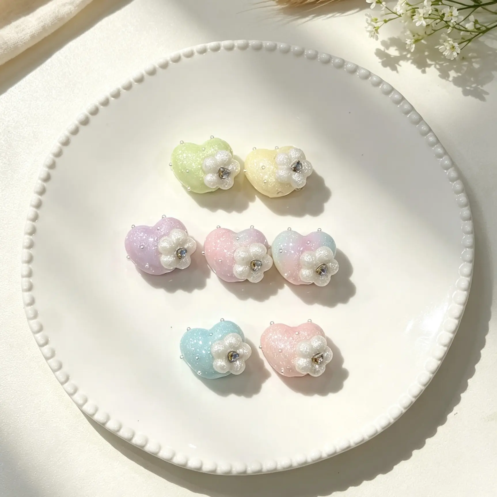 Pastel Flower Charm beads, Glittery Floral DIY Jewelry Accessory