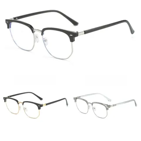Unisex Clean Style Semi-Rimless Copper Square Glasses - Anti Eyestrain Eyewear, Blue Light Blocking Natural Material Lenses, Lightweight One-Size for Gaming, Extended Computer Work