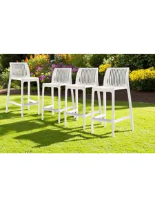 HomeRoots 565357 26 in. White Heavy Duty Plastic Low Back Outdoor Counter Height Bar Chairs - Set of 4