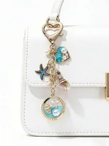 High-End Pearl Heart Starfish Shell Keychain, Vintage Fashion Summer Ocean Series, Baroque Style Pendant, Car Decor, Gift for Friends and Family