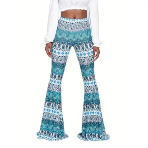 Women's 2025 New Fashion Turquoise & Blue Paisley Print High Waist Flare Leg Pants, Stretchy Polyester Spandex Blend Casual Bell Bottoms, Fitted Soft Fabric
