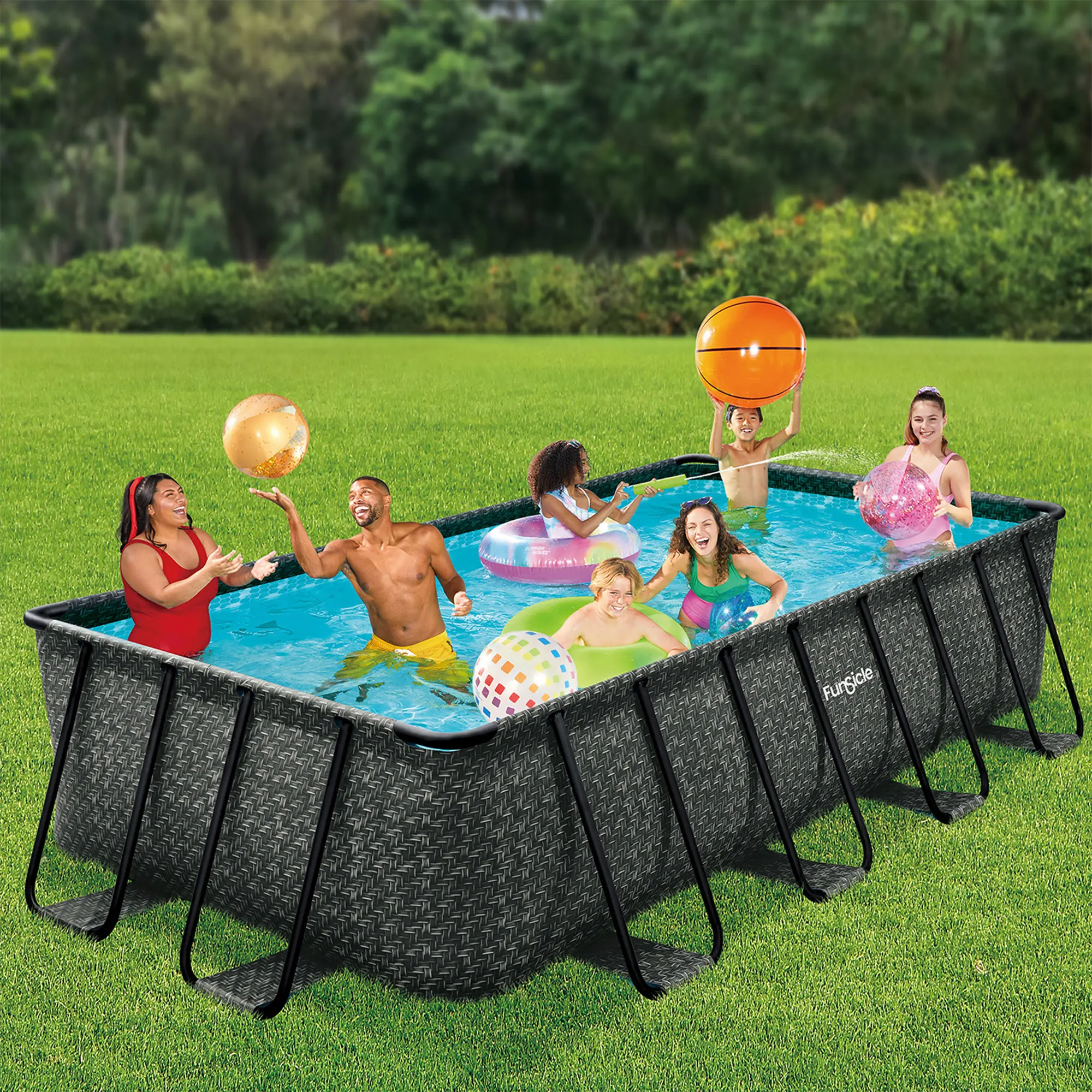 Funsicle 16' x 8' x 42" Oasis Designer Rectangular Frame Outdoor Above Ground Swimming Pool Set w/Accessories & Maintenance Kit, Dark Herringbone Gray