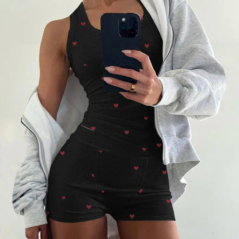 ChicMe Women's 2-Piece Comfy Knit Nightwear Set - Ribbed Fabric Heart Print U-Neck Racerback Sleeveless Tank & Stretchy Waist Casual Shorts