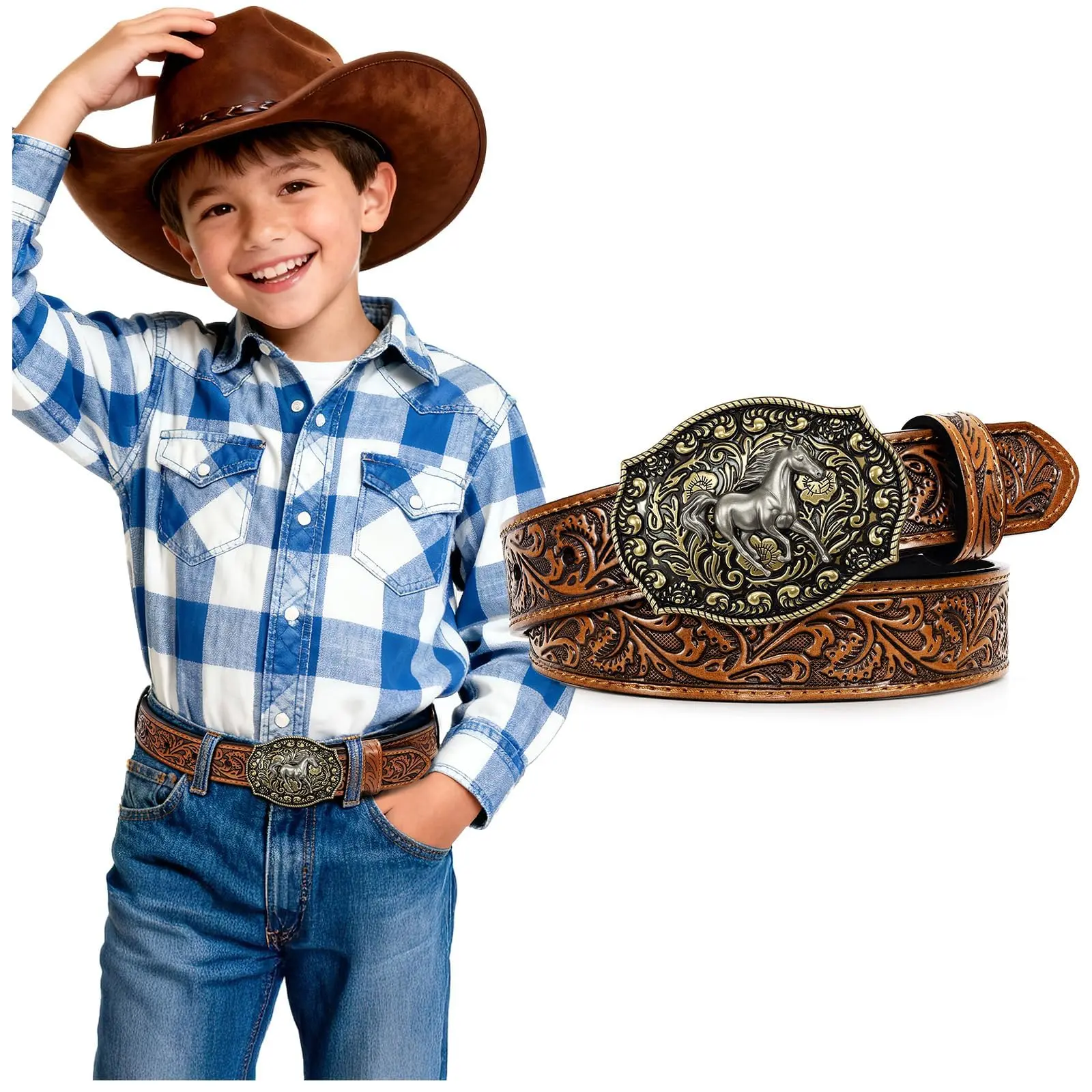 BELTROAD Kids' Western Embossed Leather Belt - Cool Decorative Costume Waist Belt for Boys & Girls with Detachable Buckle, Cool Belts