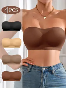 1/3/4Pack Women's Seamless Bra Anti-Slip Side Buckle Bralette, Medium Support Bandeau Strapless Bra, Casual Style, All Seasons, 4 Pack