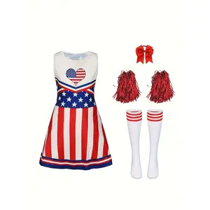 6pcs Girls Cheer Uniform Cheerleading Outfit Sleeveless Crop Top with Pleated Skirt