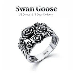 S925 Sterling Silver dark aesthetic Vintage Rose Engraved Thickness Band Ring,Chunky Hypoallergenic Floral Statement Ring,Fashion jewelry Accessories for Men & Women, Elegant All-match Fashion Accessories for Daily wear & romantic holiday Gift tiktokshops